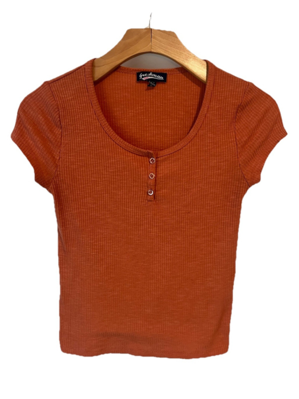 Freshman ribbed redclay rust color Crop Top T-shirt round scoop neck, size XS